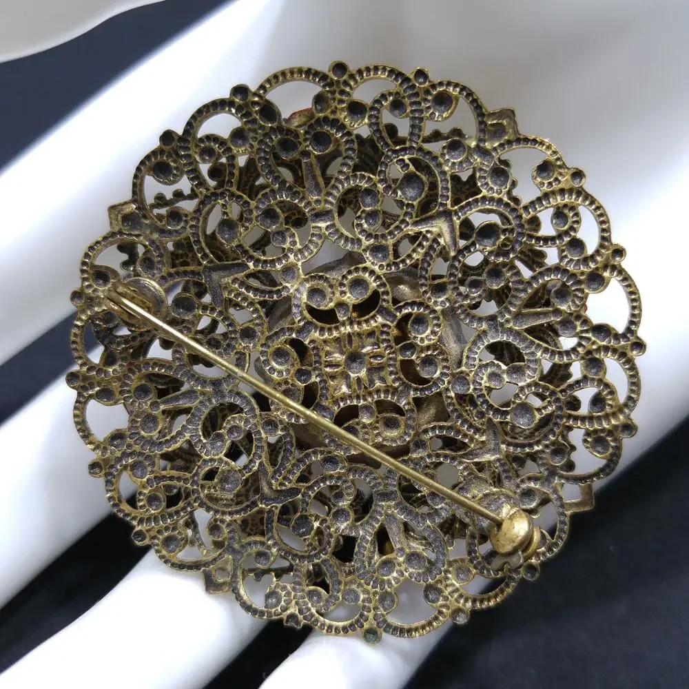 Red Rhinestone Filigree Brooch, Unmarked Germany or Czech, 1940s Vintage Jewelry